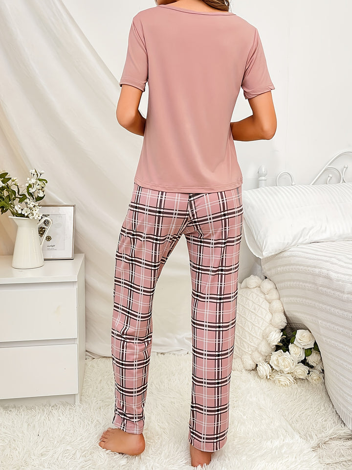 Short Sleeve Plaid Print Pajama Set