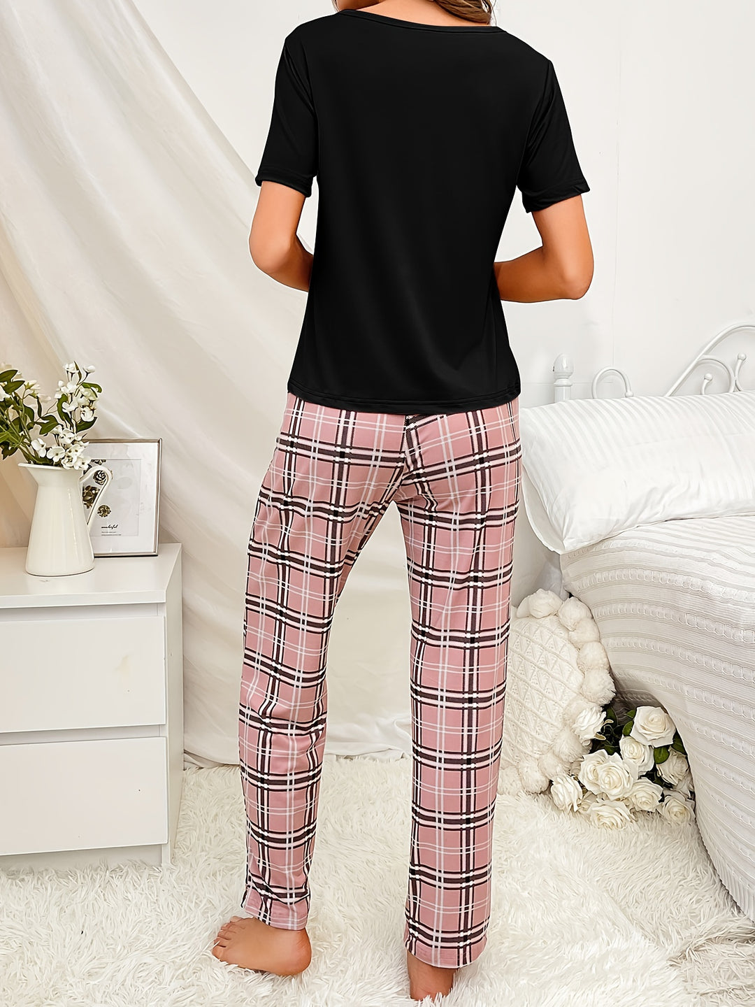 Short Sleeve Plaid Print Pajama Set