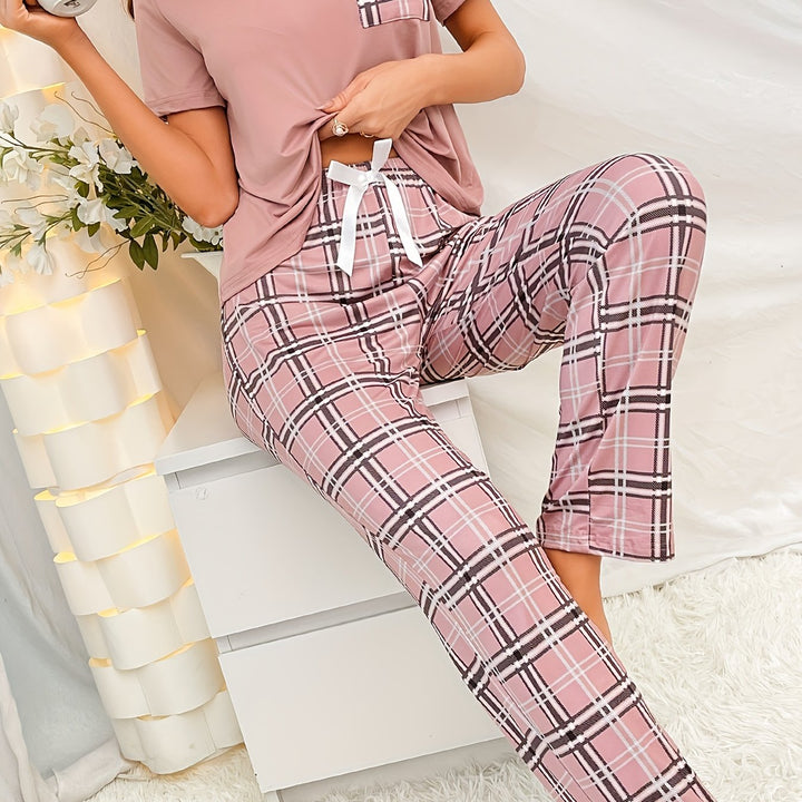 Short Sleeve Plaid Print Pajama Set