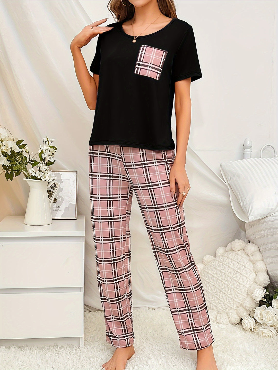 Short Sleeve Plaid Print Pajama Set