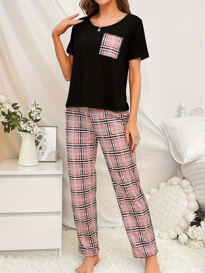 Short Sleeve Plaid Print Pajama Set