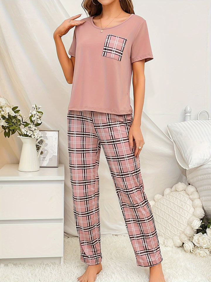 Short Sleeve Plaid Print Pajama Set